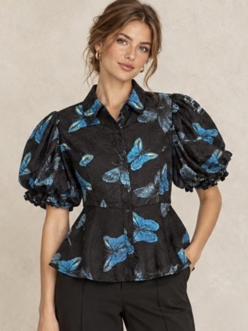 NEW Gracia M Floral Butterfly Peplum Blouse Top Black Blue Puff Sleeve MEDIUM
